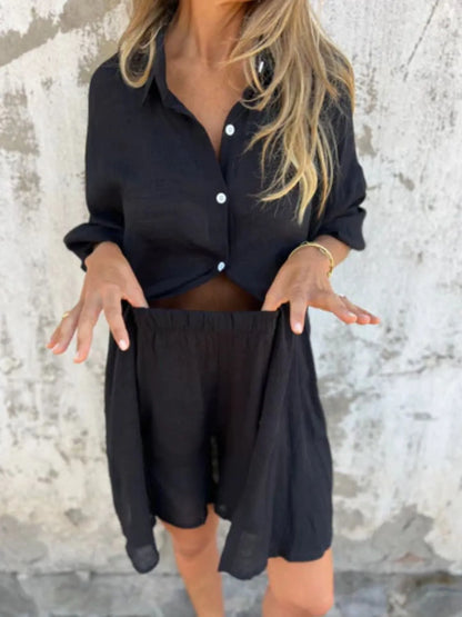 Pocketed Collared Neck Shirt and Shorts Set - Tigbul's Variety Fashion Shop