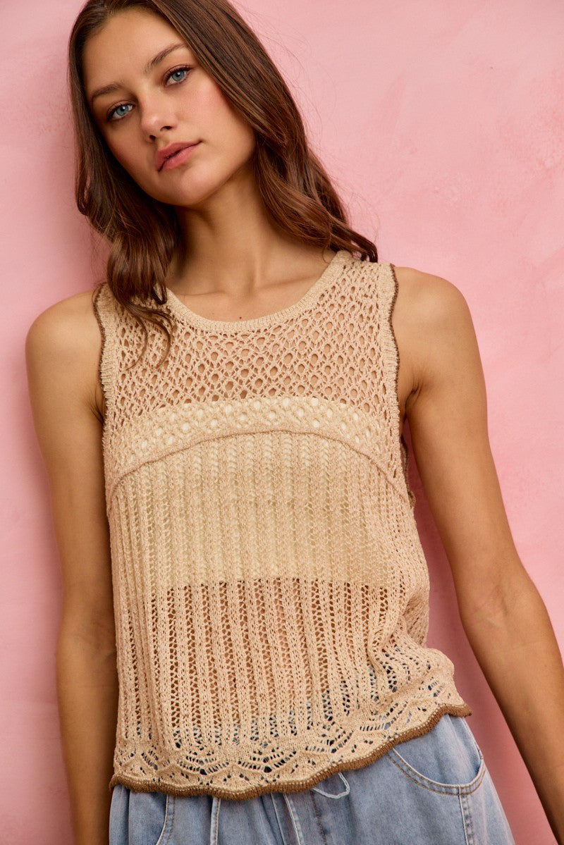 OATMEAL crochet lace sweater vest, sleeveless with round neck and scalloped hem