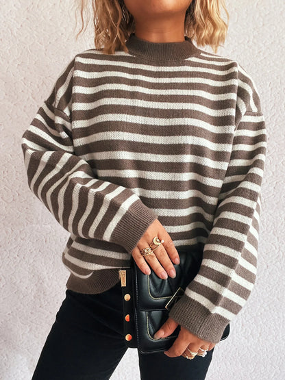 Striped Mock Neck Long Sleeve Sweater - Tigbul's Variety Fashion Shop