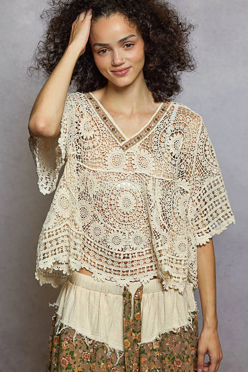 POL V-Neck Crochet Top with Scalloped Hem - Tigbul's Variety Fashion Shop