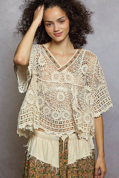 POL V-Neck Crochet Top with Scalloped Hem - Tigbul's Variety Fashion Shop