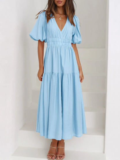 V-Neck Puff Sleeve Midi Dress - Tigbul's Variety Fashion Shop