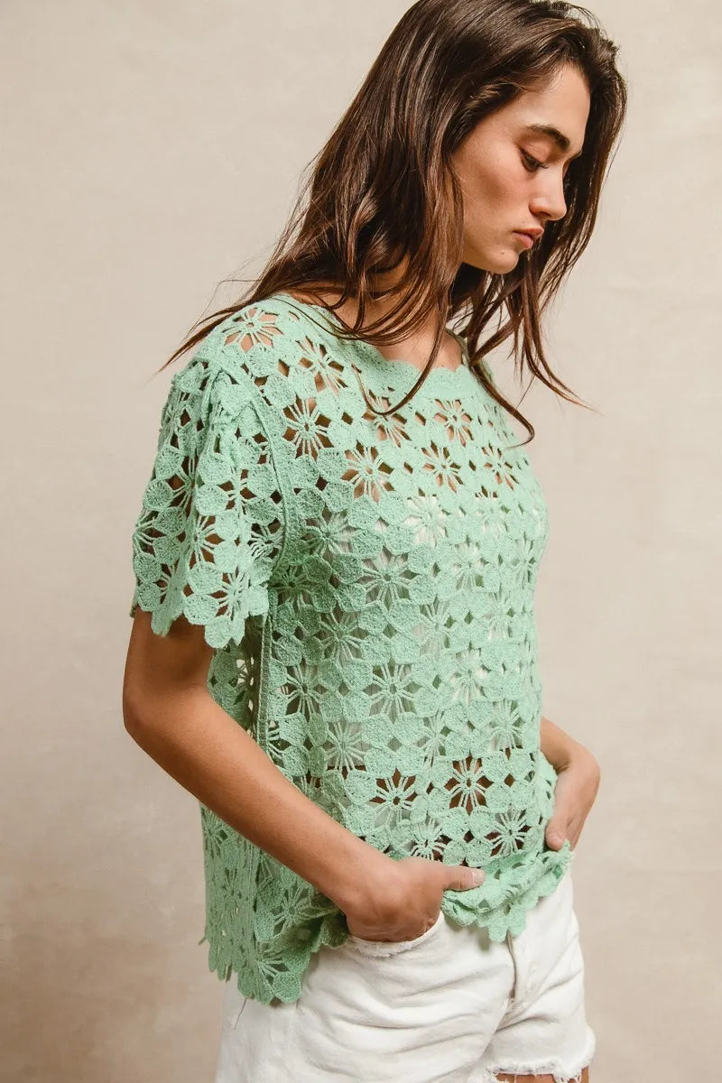 BiBi Openwork Crochet Short Sleeve Knit Top - Tigbul's Variety Fashion Shop