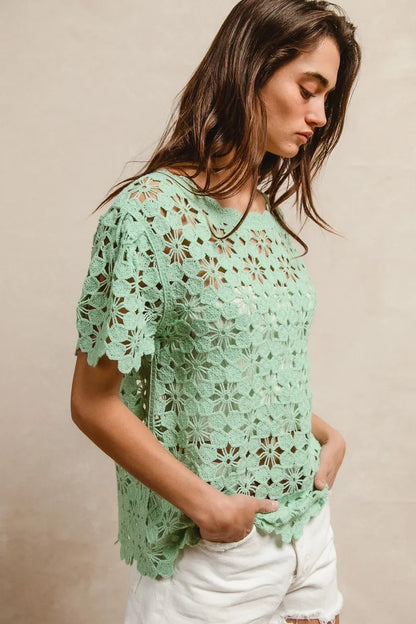 BiBi Openwork Crochet Short Sleeve Knit Top - Tigbul's Variety Fashion Shop