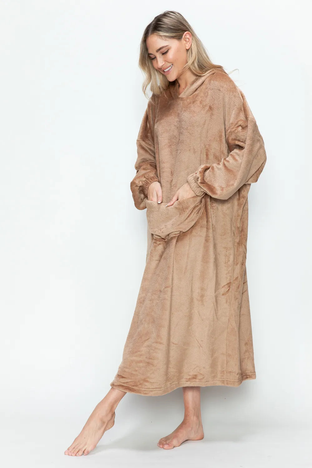 Mocha hooded midi lounge dress, side view; draped cowl front and pockets