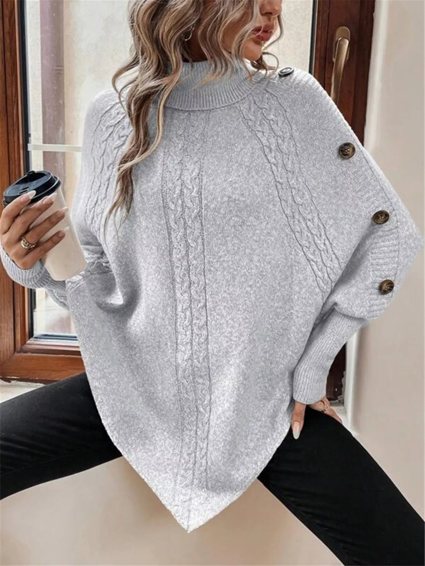 Cable Knit Turtleneck Cape Sweater - Tigbul's Variety Fashion Shop
