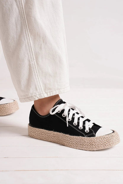 Black Lace Up Woven Espadrille Sole Sneakers