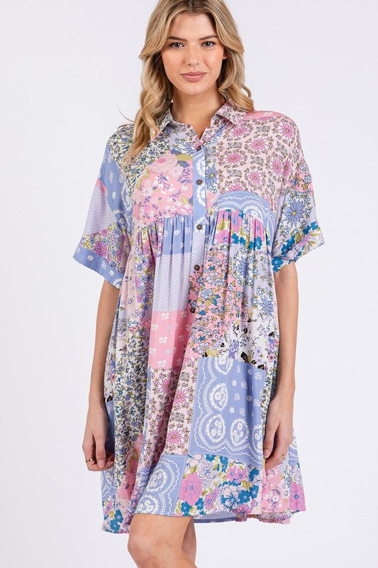 Pink Multi Floral Collared Neck Half Sleeve Mini Shirt Dress - Tigbul's Variety Fashion Shop