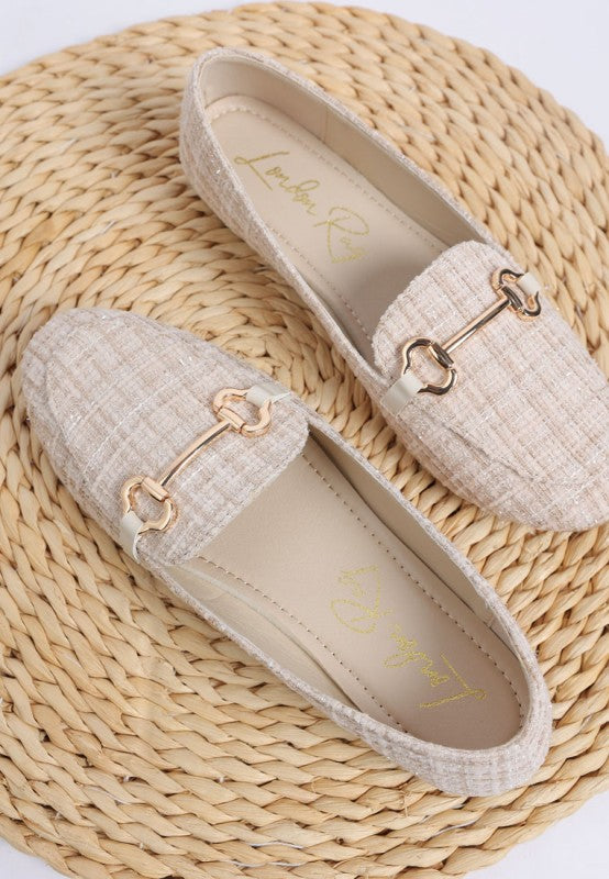 Beige Tweed-Loafers, flach und rund, Horsebit-Detail im Vorderbereich
