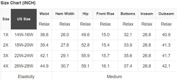 Size chart (INCH) for plus size leopard drawstring pants: US 1X to 4X measurements