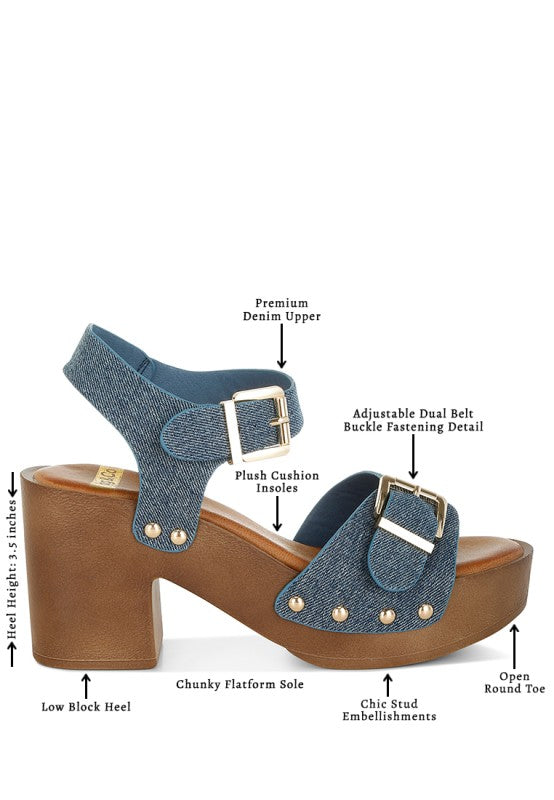 Denim studded clog sandals: open toe, dual belt buckles, chunky platform sole