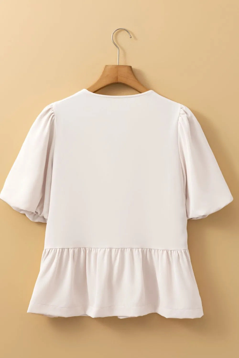 Bow Tie Short Puff Sleeve Ruffle Hem Blouse - Tigbul's Variety Fashion Shop