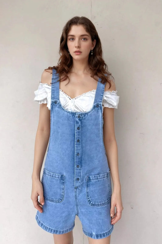 Button Front Denim Overall Shorts with Front Pockets - Tigbul's Variety Fashion Shop
