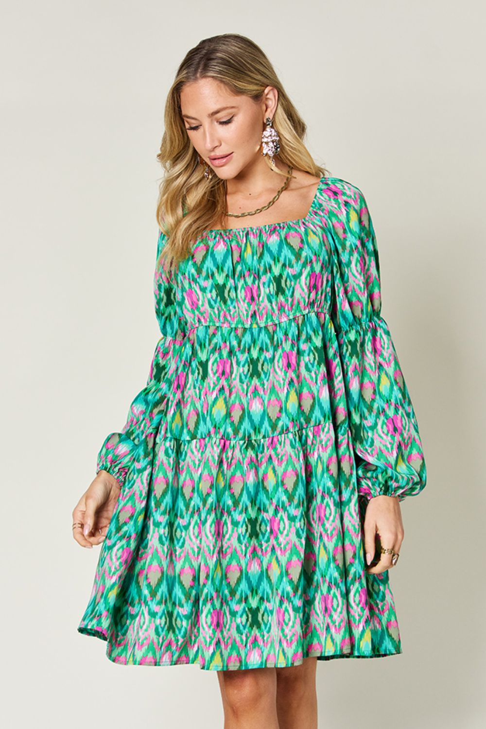 Double Take Full Size Printed Long Sleeve Dress - Tigbul's Variety Fashion Shop