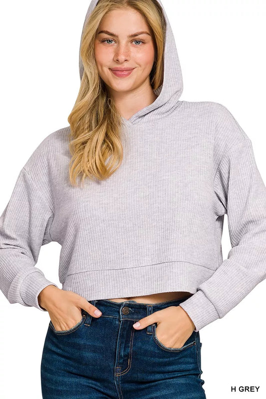 Zenana Drop Shoulder Ribbed Crop Hoodie - Tigbul's Variety Fashion Shop
