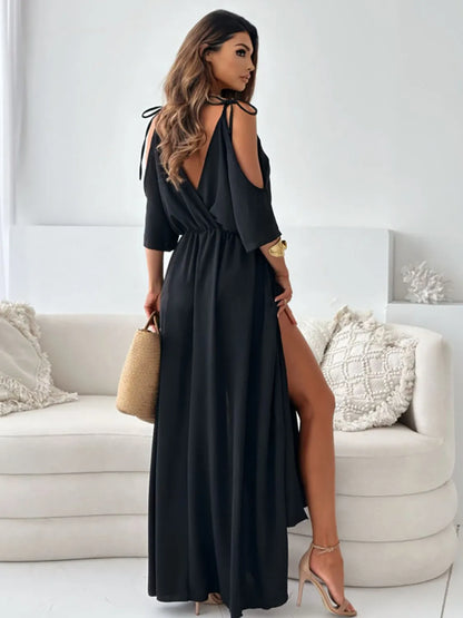 Tied Shoulder Slit Maxi Dress - Tigbul's Variety Fashion Shop