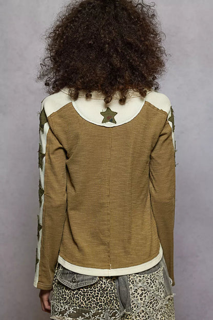 POL Round Neck Long Sleever T-Shirt with Star Patch - Tigbul's Variety Fashion Shop