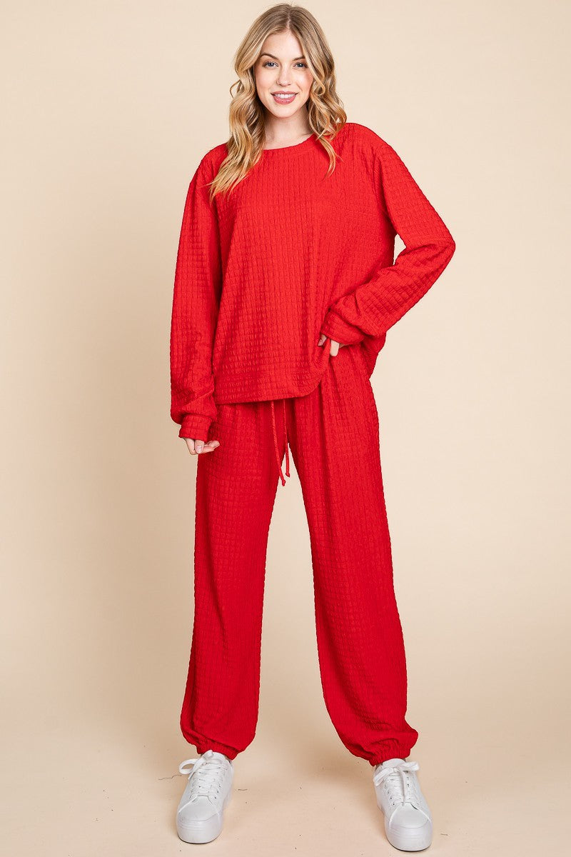 Red Crinkle Check Round Neck Top and Pants Lounge Set - Tigbul's Variety Fashion Shop