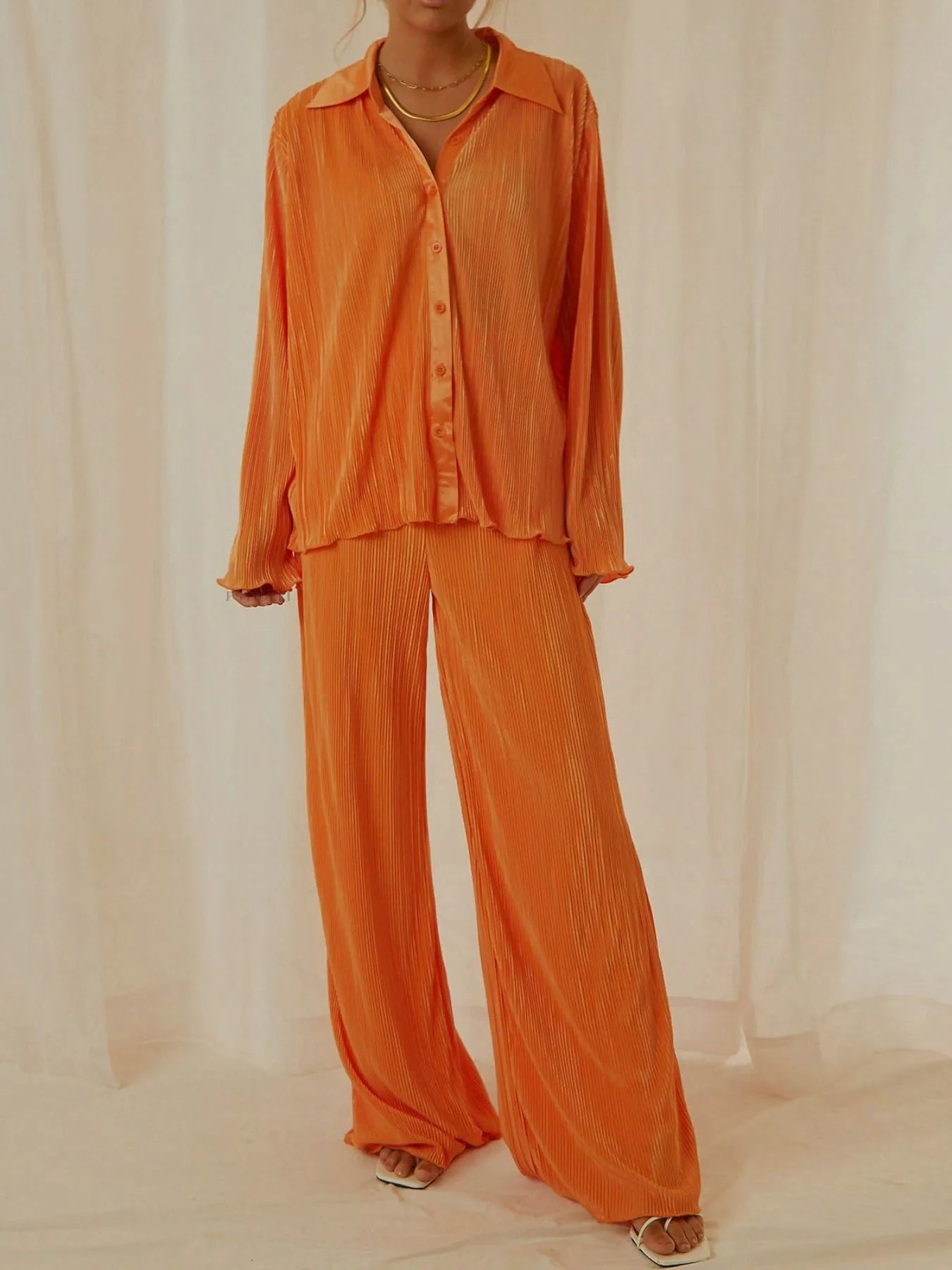 Button Up Long Sleeve Top and Pants Set - Tigbul's Variety Fashion Shop