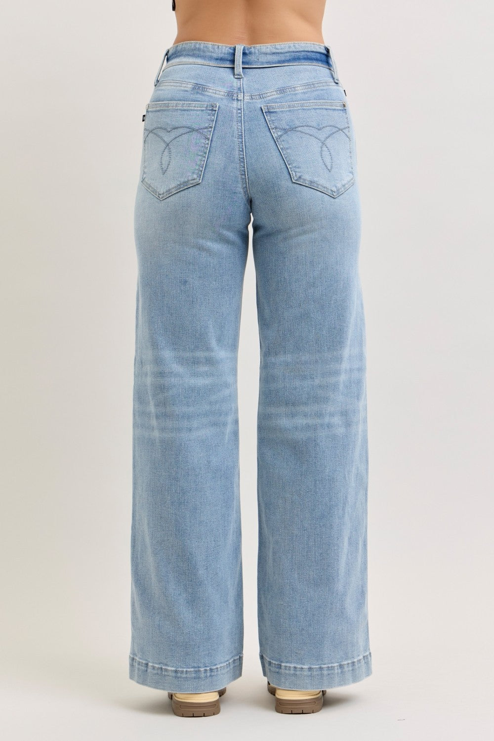 Light-wash wide-leg jeans back view with stitched back pockets