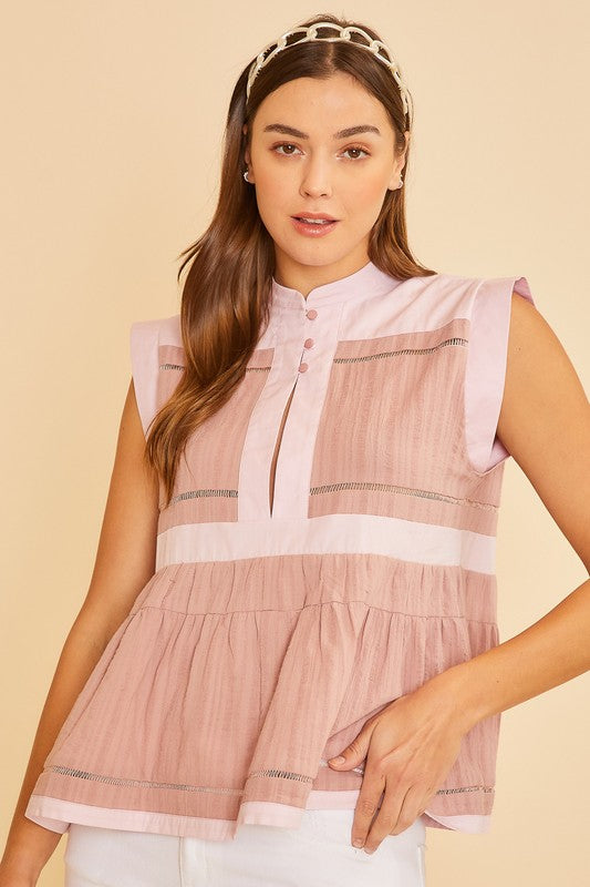 Pink Contrast Trim Peplum Button Detail Blouse - Tigbul's Variety Fashion Shop
