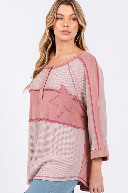 SAGE + FIG Star Applique Patch Exposed Seam Waffle Knit Top - Tigbul's Variety Fashion Shop