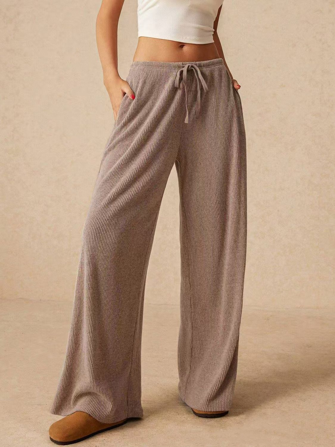 Ribbed Drawstring Wide Leg Pants - Tigbul's Variety Fashion Shop