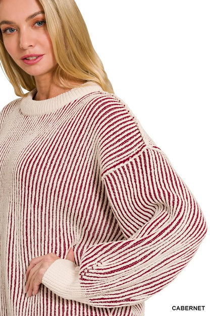 Zenana Two Tone Crewneck Sweater - Tigbul's Variety Fashion Shop