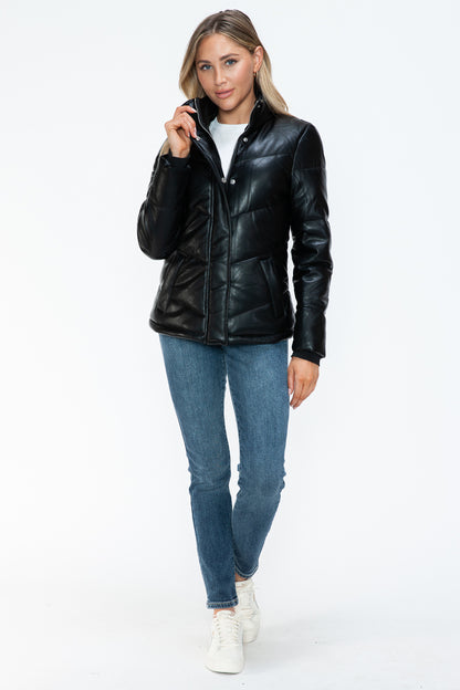 Black Pocketed Zip Up Turtleneck Puffer Jacket