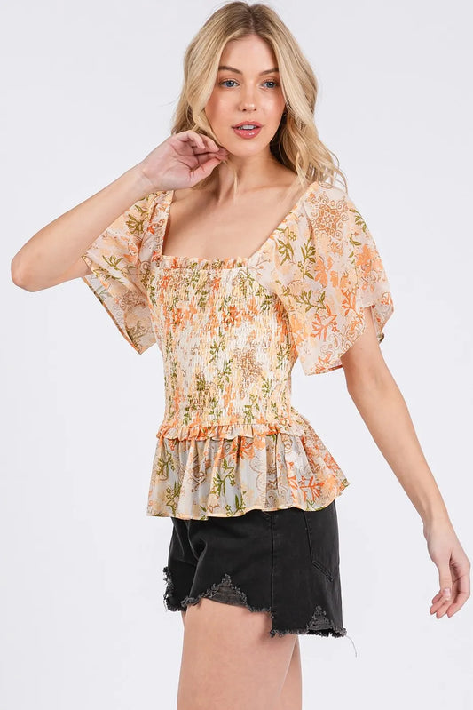 Floral Chiffon Smocked Square Neck Peplum Top - Tigbul's Variety Fashion Shop