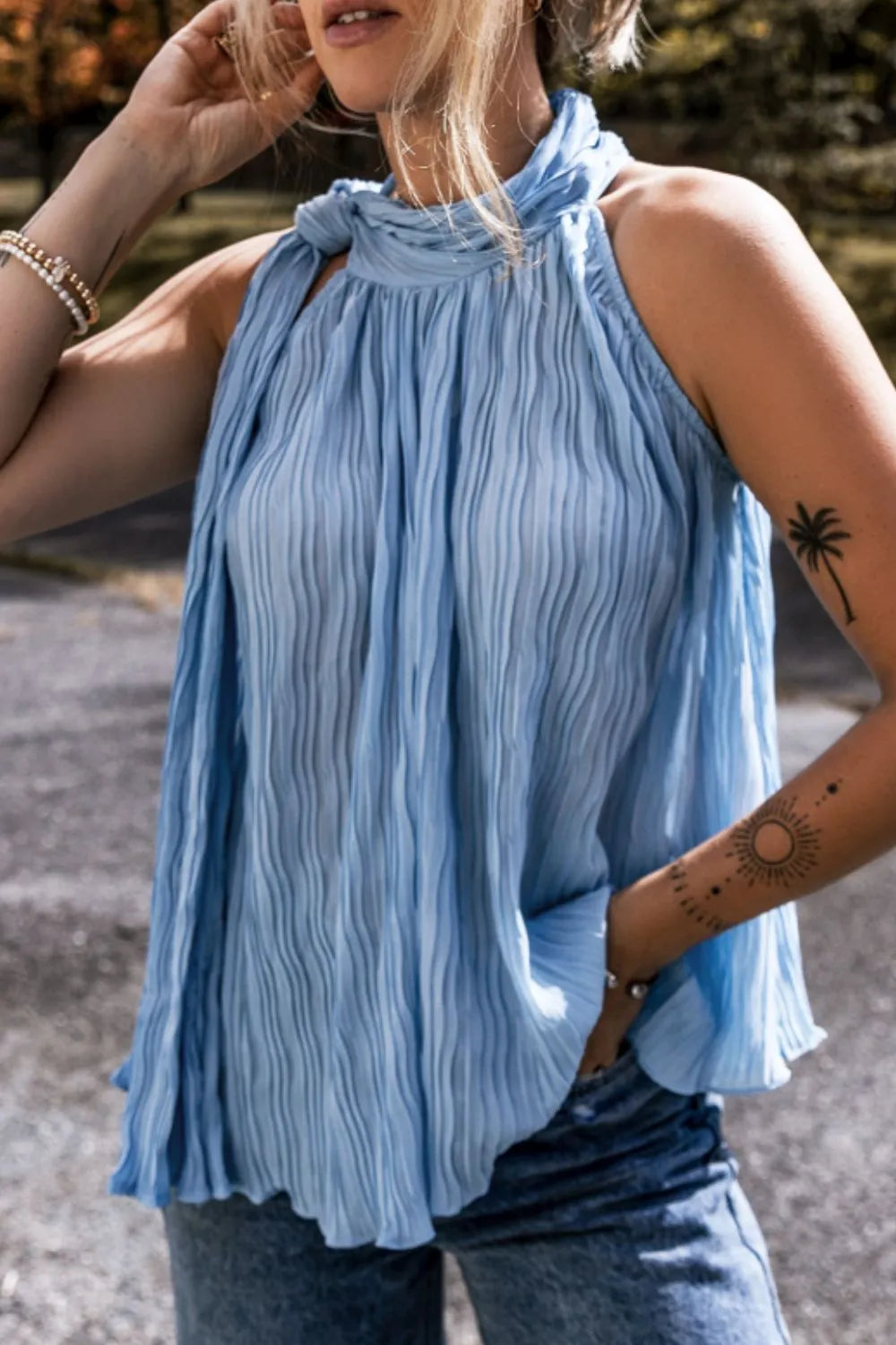 Textured Pleated Tied Mock Neck Flowy Blue Tank Top - Tigbul's Variety Fashion Shop