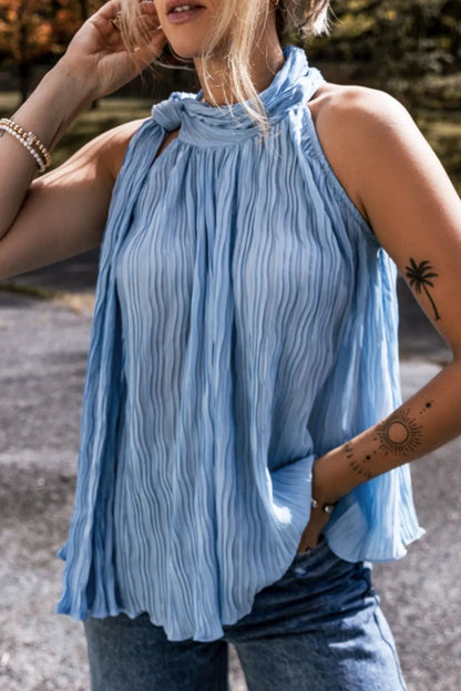 Textured Pleated Tied Mock Neck Flowy Blue Tank Top - Tigbul's Variety Fashion Shop