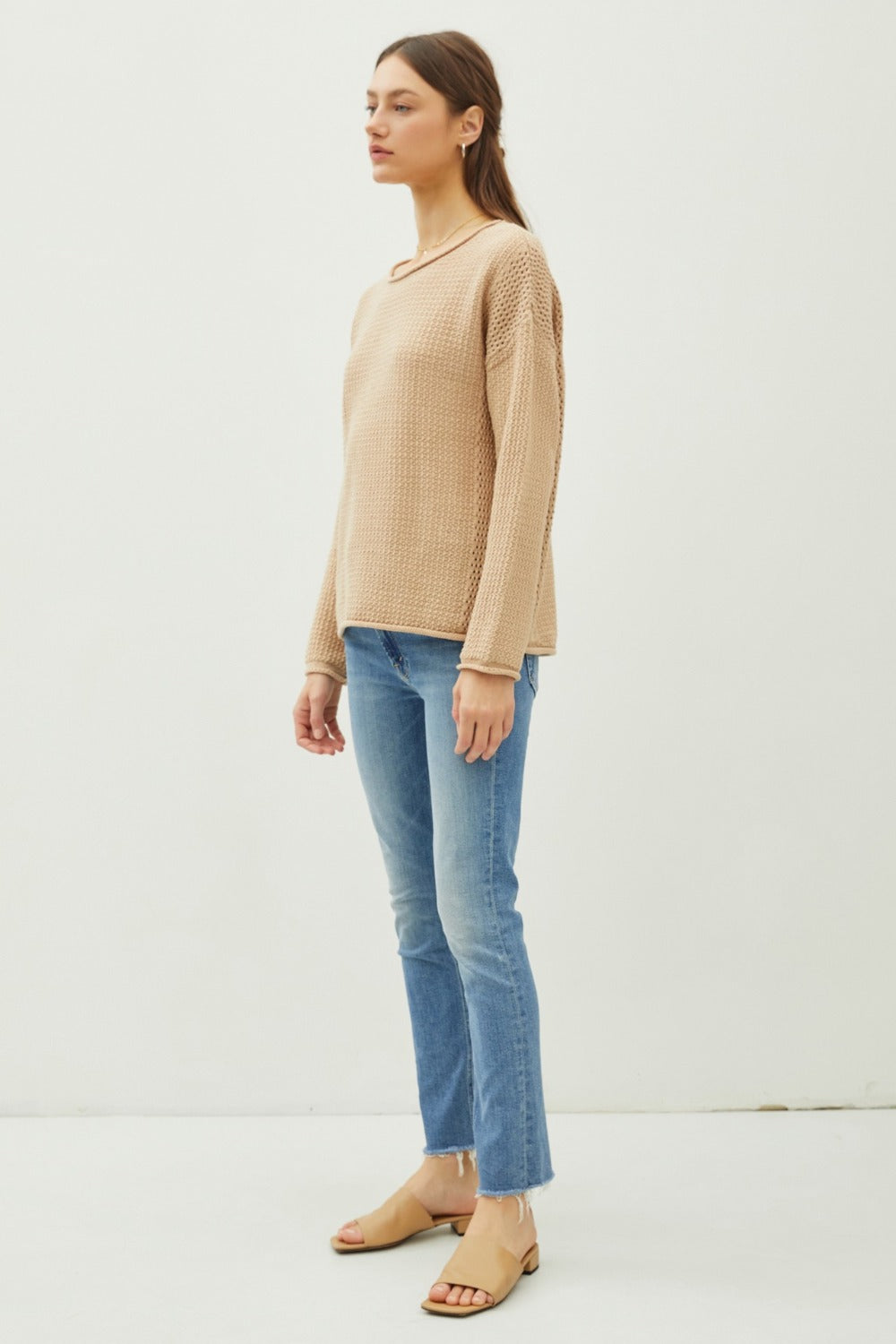 Be Cool Rolled Openwork Round Neck Sweater - Tigbul's Variety Fashion Shop