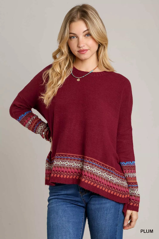 Umgee Long Sleeve Round Neck Knit Top with Side Slits and Stitch Detail - Tigbul's Variety Fashion Shop