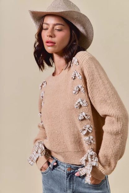 SO ME Checkered Plaid Tape Lace Up Ribbed Sweater - Tigbul's Variety Fashion Shop