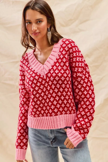 SO ME Color Block Textured Christmas Sweater V Neck Top - Tigbul's Variety Fashion Shop