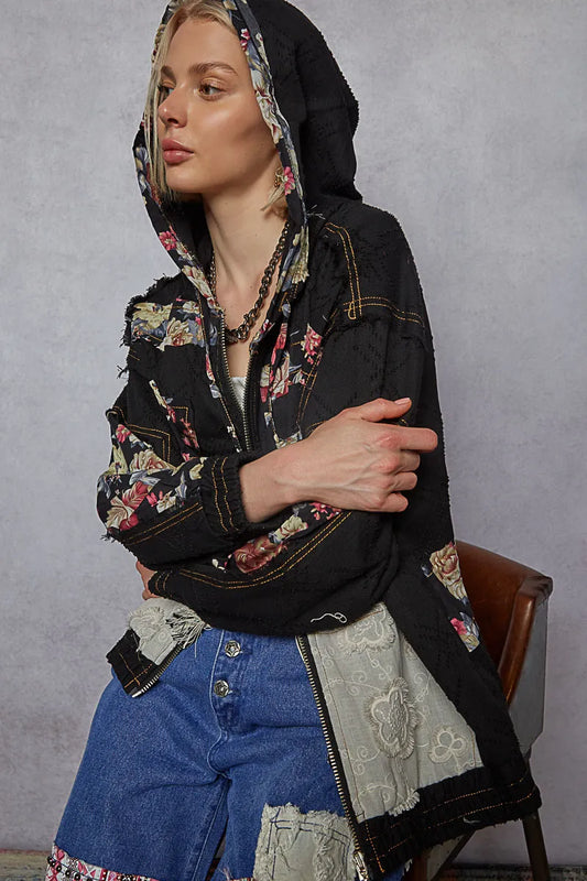 POL Zip Up Floral and Lace Patch Washed Jacket - Tigbul's Variety Fashion Shop