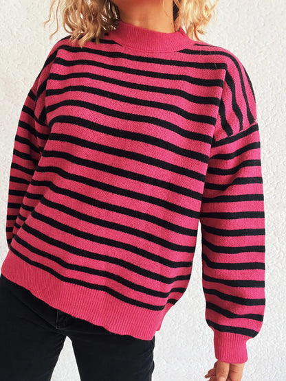 Striped Mock Neck Long Sleeve Sweater - Tigbul's Variety Fashion Shop