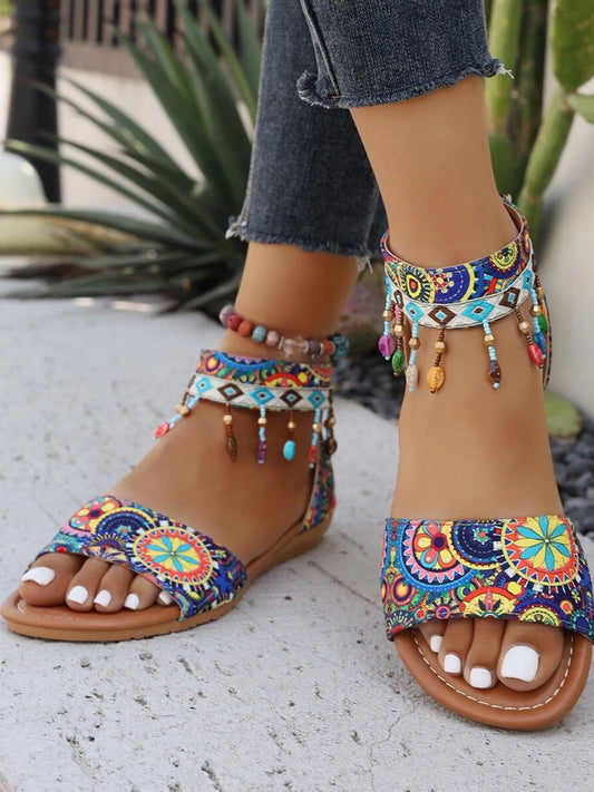 Beaded Ankle Strap Sandals - Tigbul's Variety Fashion Shop