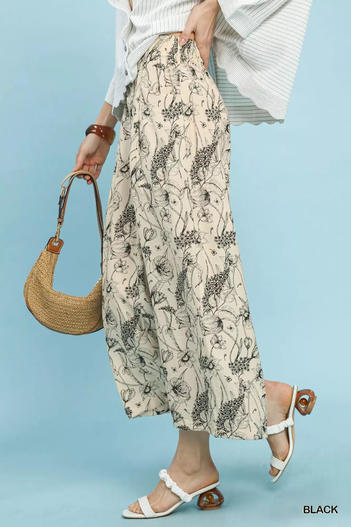 Umgee Two Tone Floral Print Pants - Tigbul's Variety Fashion Shop