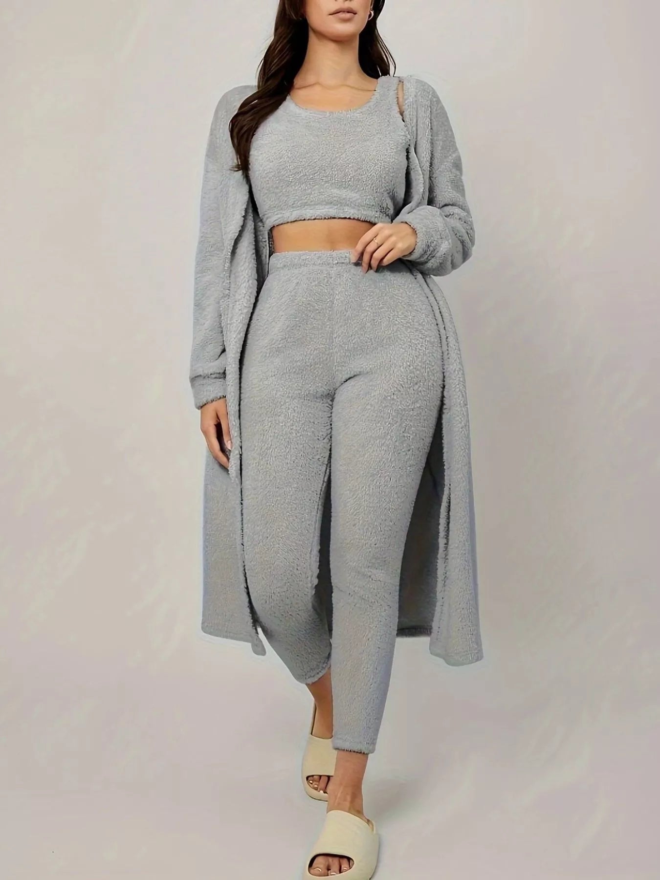 Fuzzy Tank Long Sleeve Cardigan and Pants 3-Piece Lounge Set - Tigbul's Variety Fashion Shop