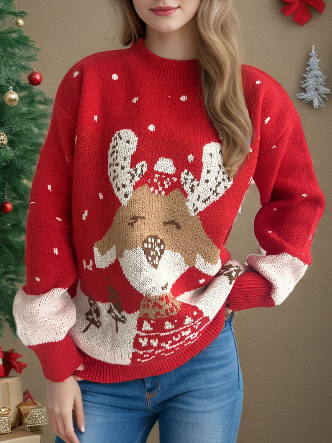 Reindeer Mock Neck Long Sleeve Sweater - Tigbul's Variety Fashion Shop