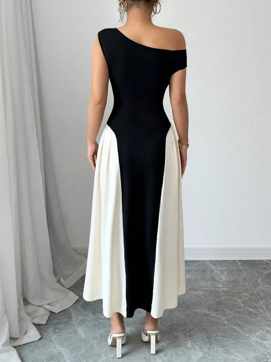 Contrast Single Shoulder Midi Dress - Tigbul's Variety Fashion Shop