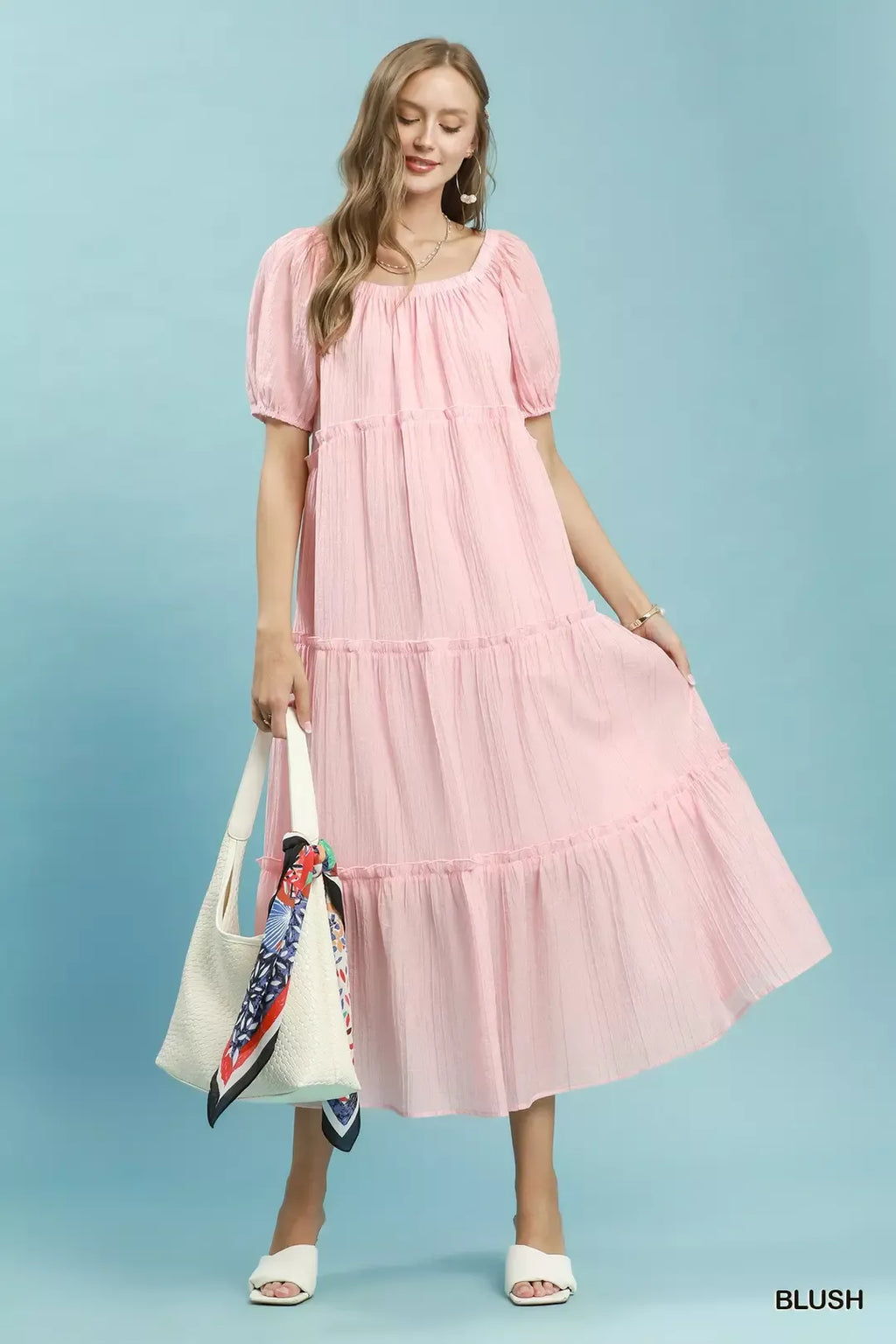 Umgee textured tiered midi dress in blush, square neckline with puff sleeves