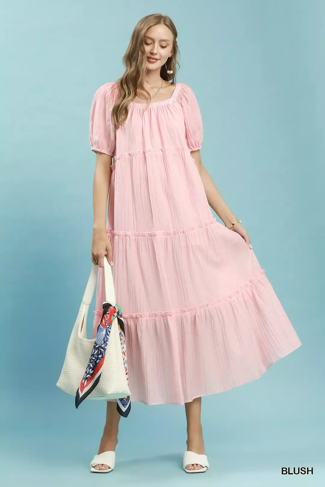 Umgee textured tiered midi dress in blush, square neckline with puff sleeves