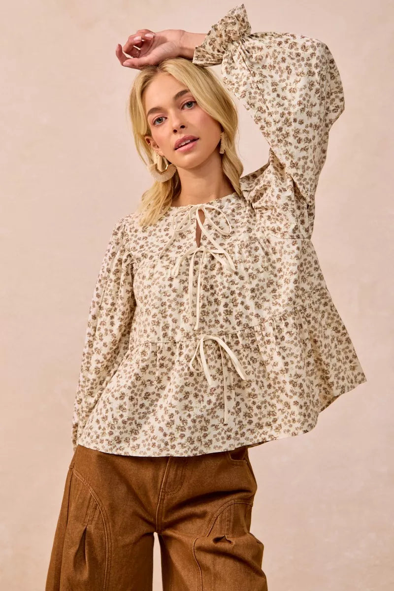 BiBi Floral Printed Peplum Blouse with Shirring and Tied - Tigbul's Variety Fashion Shop