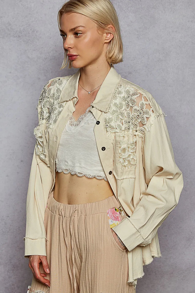 POL Button Down Raw Edg Shirt with Pearl Lace Patch - Tigbul's Variety Fashion Shop