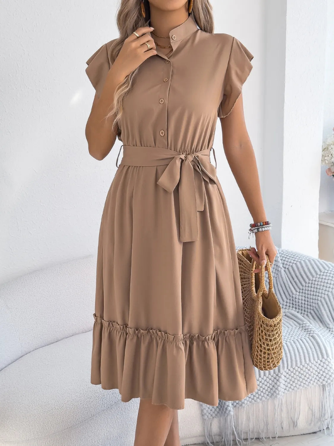 Tie Waist Ruffled Cap Sleeve Dress - Tigbul's Variety Fashion Shop