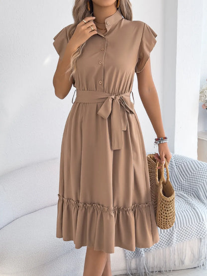 Tie Waist Ruffled Cap Sleeve Dress - Tigbul's Variety Fashion Shop