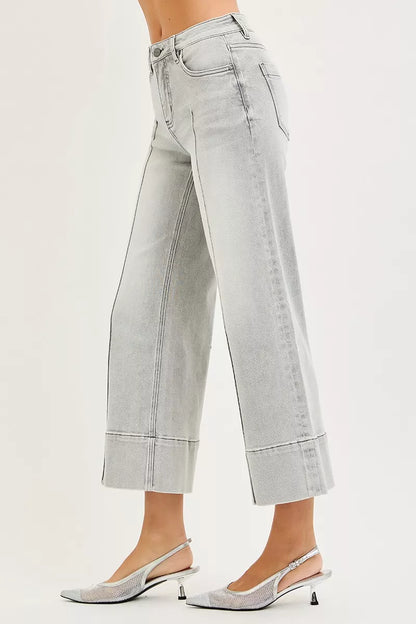 Tummy Control Mid Rise Crop Wide Leg Light Gray Jeans - Tigbul's Variety Fashion Shop